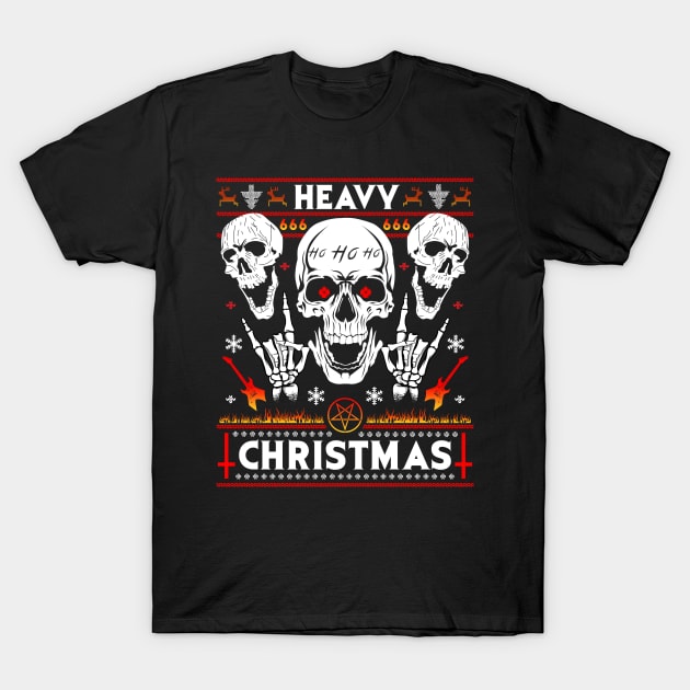 HEAVY CHRISTMAS Ugly Christmas Sweater Metalhead, Grunge, Death Metal, Guitarist, Drummer, Lead Singer, Satanic, Satan Claus Skull Pentagram Antichristmas Devil Skull Design T-Shirt by Frontoni